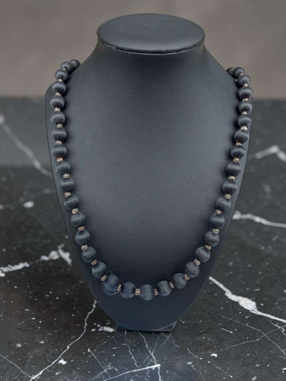 Vintage 30" Silk Thread Wrapped Bead Necklace Midnight Navy Black Boho Statement
